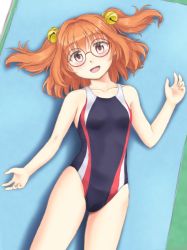 Rule 34 | 1girl, bell, black one-piece swimsuit, brown eyes, glasses, hair bell, hair ornament, isaki (gomi), looking at viewer, motoori kosuzu, one-piece swimsuit, open mouth, orange hair, short hair, smile, solo, swimsuit, touhou, twintails, two side up