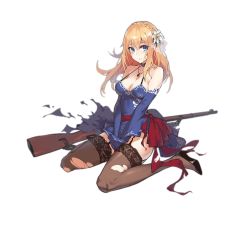 Rule 34 | 1girl, bare shoulders, blonde hair, blue dress, blue eyes, blue gloves, blush, braid, breasts, brown thighhighs, choker, cleavage, crown braid, dress, dress tug, elbow gloves, fangdan runiu, flower, french braid, full body, garter straps, girls&#039; frontline, gloves, gun, hair between eyes, hair flower, hair ornament, high heels, jewelry, lace, lace-trimmed legwear, lace trim, large breasts, long hair, mosin-nagant (girls&#039; frontline), mosin-nagant (moonlit ocean) (girls&#039; frontline), necklace, official alternate costume, official art, pendant, rifle, sitting, sniper rifle, solo, strap gap, sweatdrop, thighhighs, torn clothes, torn dress, transparent background, wariza, weapon