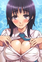 Rule 34 | 1girl, bad id, bad pixiv id, black eyes, black hair, blush, breasts, buttons, cleavage, honoji, large breasts, necktie, original, shirt, smile, solo, taut clothes, taut shirt, upper body, white shirt