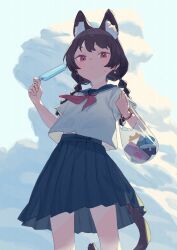 Rule 34 | 1girl, animal ear fluff, animal ears, bag, blue sailor collar, blue skirt, bracelet, braid, brown hair, candy, cat ears, cat tail, cloud, cloudy sky, commentary, cowboy shot, day, dot nose, earrings, food, hands up, holding food, holding popsicle, jewelry, long hair, looking at viewer, medium skirt, midriff peek, neckerchief, open mouth, original, outdoors, peroncho, plastic bag, pleated skirt, popsicle, red eyes, red neckerchief, sailor collar, school uniform, serafuku, shirt, short eyebrows, short sleeves, sidelocks, skirt, sky, solo, standing, star (symbol), star earrings, straight hair, sweat, symbol-only commentary, tail, triangle mouth, twin braids, white serafuku, white shirt