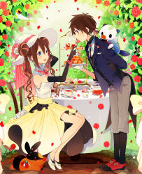 Rule 34 | 1boy, 1girl, alternate costume, bad id, bad pixiv id, bare shoulders, blue eyes, blush, breasts, brown eyes, brown hair, buttons, cake, chair, coat, cream, creatures (company), cup, day, double bun, eating, elbow gloves, eye contact, feeding, flower, food, food in mouth, food on face, frilled shirt collar, frills, game freak, garden, gen 1 pokemon, gen 5 pokemon, gloves, grass, hair bun, hair ribbon, half-closed eyes, hat, hat flower, high heels, highres, holding, holding plate, jewelry, kitchenset, lampent, leaf, leaning forward, long hair, long skirt, looking at another, lying, medium breasts, nate (pokemon), neck ribbon, nintendo, on shoulder, open mouth, oshawott, outdoors, pants, petals, pikachu, plate, pokemon, pokemon (creature), pokemon bw2, ribbon, rosa (pokemon), rose, rose petals, shirt, shoes, sitting, skirt, sleeveless, sleeveless shirt, smile, snivy, spoon, standing, starter pokemon trio, sun hat, table, tail, tail ornament, tail ribbon, tea, teacup, tepig, tiered tray, tuxedo, twintails, yellow skirt