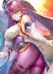 Rule 34 | 1girl, ass, bare shoulders, belt, black dress, blush, breasts, claw ring, dress, elbow gloves, fishnet legwear, fishnets, genshin impact, gloves, habit, hair between eyes, highres, kariza, large breasts, looking at viewer, multicolored clothes, multicolored hair, multicolored headwear, nun, pelvic curtain, purple eyes, purple hair, purple legwear, red hair, rosaria (genshin impact), short hair, solo, streaked hair, thighs, tiara, two-tone dress, white dress, white gloves
