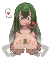 Rule 34 | 1girl, animal between breasts, asui tsuyu, between breasts, black eyes, body writing, boku no hero academia, bow-shaped hair, breast hold, breasts, brown gloves, cleavage, commentary, english commentary, facing viewer, frog, frog girl, gloves, green hair, hair between eyes, heart, highres, lactation, large breasts, lentiyay, long hair, long tongue, low-tied long hair, milestone celebration, nipples, solo focus, spoken heart, sweat, tongue, tongue out, upper body, wet, wet hair