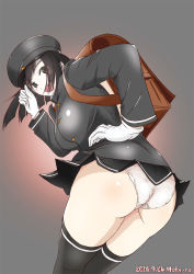 Rule 34 | 1girl, akitsu maru (kancolle), ass, backpack, bag, black eyes, black hair, black hat, colored skin, gloves, hat, kantai collection, looking at viewer, microskirt, military, military hat, military uniform, moke ro, open mouth, pale skin, panties, peaked cap, pleated skirt, remodel (kantai collection), short hair, skirt, solo, thighhighs, underwear, uniform, white gloves, white panties, white skin