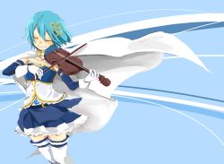 Rule 34 | 10s, 1girl, armband, blue hair, cape, closed eyes, collarbone, fortissimo, gloves, hair ornament, hairclip, highres, instrument, mahou shoujo madoka magica, mahou shoujo madoka magica (anime), mahou shoujo madoka magica movie 1 &amp; 2, miki sayaka, musical note, musical note hair ornament, oyasumi no chuu, simple background, smile, solo, soul gem, thighhighs, violin, zettai ryouiki