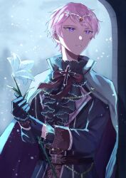 Rule 34 | 1boy, black gloves, buttons, cape, commentary request, cowboy shot, cross, ensemble stars!, flower, gloves, high collar, highres, holding, holding flower, itsuki shu, long sleeves, male focus, parted lips, pink hair, purple eyes, short hair, snowing, solo, wednesday 108