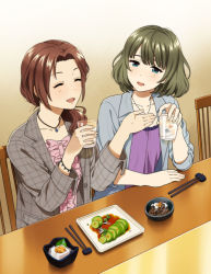 Rule 34 | 2girls, :d, ^ ^, blue eyes, blue jacket, blush, brown hair, center frills, chair, chopsticks, closed eyes, collarbone, cup, dress, drink, drinking glass, food, frills, gradient background, green hair, grey jacket, hair over shoulder, holding, holding cup, ice, ice cube, idolmaster, idolmaster cinderella girls, jacket, jewelry, kawashima mizuki, long hair, low ponytail, mattaku mousuke, mole, mole under eye, multiple girls, necklace, on chair, open clothes, open jacket, open mouth, parted bangs, pink dress, ponytail, purple dress, sitting, smile, table, takagaki kaede