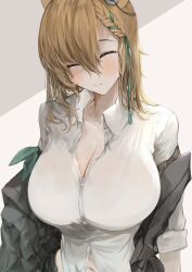 Rule 34 | 1girl, absurdres, animal ears, arknights, black vest, blush, braid, breasts, brown hair, cleavage, closed eyes, closed mouth, collared shirt, dress shirt, facing viewer, green ribbon, hair ribbon, highres, kajuu, kroos (arknights), kroos the keen glint (arknights), large breasts, long hair, long sleeves, navel, off shoulder, open clothes, open vest, rabbit ears, ribbon, shirt, solo, two-tone background, upper body, vest, white shirt