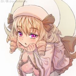 Rule 34 | 1girl, bow, chestnut mouth, drill hair, hat, head rest, looking at viewer, luna child, ringlets, shiroi karasu, simple background, solo, squatting, touhou, twin drills, white background, wings