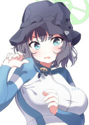 Rule 34 | 1girl, absurdres, aqua eyes, bazz000033, black hair, black hat, blue archive, breasts, commentary, green halo, halo, hat, highres, large breasts, long sleeves, looking at viewer, official alternate costume, open mouth, raglan sleeves, revision, saki (blue archive), saki (swimsuit) (blue archive), short hair, solo, upper body, wavy mouth