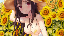 Rule 34 | 1girl, bare shoulders, blush, breasts, breasts out, brown hair, closed mouth, clothes pull, collarbone, dress, dress pull, field, flower, flower field, hand on headwear, hat, highres, long hair, looking at viewer, medium breasts, n.g., nipples, no bra, original, red eyes, smile, solo, straw hat, sunflower, wavy hair, white dress, yellow flower