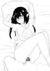 Rule 34 | 1boy, 1girl, arknights, bad id, bad pixiv id, black hair, blush, breasts, brelmatsui20410, choker, closure (arknights), collarbone, commentary request, greyscale, hair between eyes, hetero, highres, holding, holding pillow, lanyard, long hair, lying, medium breasts, monochrome, no panties, on back, on bed, open mouth, penis, pillow, pointy ears, sex, shirt, smile, vaginal