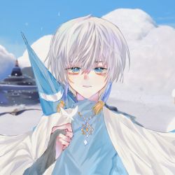 Rule 34 | + +, 1boy, blue eyes, bug, butterfly, earrings, gloves, grateful shell collector, insect, jewelry, looking at viewer, male focus, necklace, partially fingerless gloves, short hair, sky: children of the light, solo, tassel, tassel earrings, umbrella, upper body, white butterfly, white hair