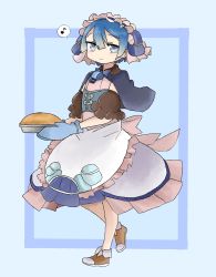 Rule 34 | 1boy, :3, absurdres, apron, blue background, blue eyes, blue hair, blush, bright pupils, brown footwear, bustier, capelet, closed mouth, commentary, dress, food, hair between eyes, highres, latenight, looking at viewer, made in abyss, maid, maid apron, maid headdress, male focus, maruruk, mittens, musical note, plate, shoes, short hair, solo, spoken musical note, standing, trap, walking, whistle