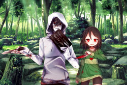 Rule 34 | black hair, blood, blush, brown hair, chara (undertale), charapple, creepypasta, crossover, forest, hetero, jeff the killer, knife, long hair, looking at viewer, nature, red eyes, smile, standing, undertale