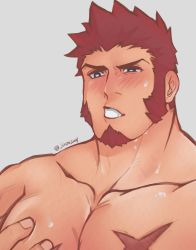 Rule 34 | 1boy, absurdres, bara, beard, blue eyes, blush, brown hair, completely nude, facial hair, fate/grand order, fate (series), grabbing, grabbing own breast, highres, jinm2001, long sideburns, male focus, muscular, napoleon bonaparte (fate), nipples, nude, pectoral grab, pectorals, scar, sideburns, simple background, smile, solo, sweatdrop, teeth, topless male, upper body