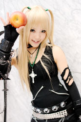 Rule 34 | 1girl, amane misa, apple, asian, blonde hair, cosplay, cosplay photo, death note, food, fruit, holding, holding food, holding fruit, kipi-san, photo (medium), real life, solo, torn clothes, two side up
