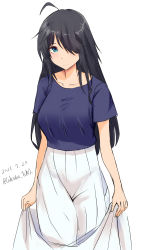 Rule 34 | 1girl, ahoge, black hair, blouse, blue eyes, blue shirt, celestea tera, cowboy shot, dated, hair over one eye, highres, kako (kancolle), kantai collection, long hair, long skirt, looking at viewer, official alternate costume, one-hour drawing challenge, pleated skirt, shirt, simple background, skirt, skirt hold, solo, standing, twitter username, white background, white skirt