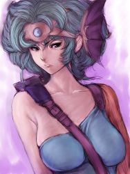 Rule 34 | &gt;:|, 1girl, :|, asymmetrical clothes, bare shoulders, between breasts, breasts, chunsoft, circlet, closed mouth, curly hair, dragon quest, dragon quest iv, enix, fins, fumio (rsqkr), green eyes, green hair, grey eyes, hat, head fins, heroine (dq4), impossible clothes, large breasts, matching hair/eyes, purple background, serious, shirt, short hair, sideboob, simple background, single-shoulder shirt, sketch, solo, square enix, strap between breasts, upper body, v-shaped eyebrows