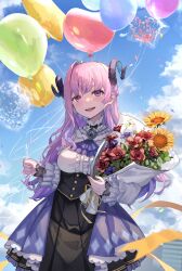 Rule 34 | 1girl, balloon, blue sky, blush, bouquet, breasts, dangle earrings, day, earrings, flower, flower earrings, fuyubi rikka, highres, holding, holding balloon, holding bouquet, hopepe, horns, indie virtual youtuber, jewelry, large breasts, long hair, long sleeves, looking at viewer, outdoors, parted lips, pink eyes, pink hair, red flower, red rose, rose, sky, smile, solo, teeth, tongue, virtual youtuber