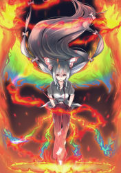 Rule 34 | &gt;:), 1girl, baggy pants, borushichi, bow, fiery wings, fire, floating hair, fujiwara no mokou, full body, hair bow, hands in pockets, highres, long hair, looking at viewer, midriff peek, navel, ofuda, pants, parted lips, rainbow gradient, red eyes, red pants, shaded face, shirt, short sleeves, silver hair, smile, solo, suspenders, suspenders slip, touhou, untucked shirt, v-shaped eyebrows, very long hair, white bow, white shirt