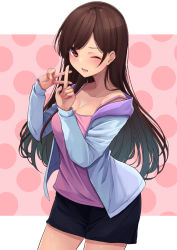 Rule 34 | 1girl, ;d, bad id, bad pixiv id, bare shoulders, black shorts, blue jacket, blush, breasts, brown eyes, brown hair, camisole, cleavage, collarbone, commentary request, hands up, index finger raised, jacket, kanojo okarishimasu, long hair, medium breasts, minato yu, mizuhara chizuru, nail polish, off shoulder, one eye closed, open clothes, open jacket, open mouth, pink background, pink camisole, pink nails, polka dot, polka dot background, short shorts, shorts, smile, solo, two-tone background, v, very long hair, white background