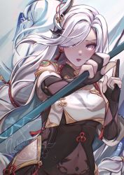 Rule 34 | 1girl, black gloves, blue gloves, blush, braid, breast curtain, breasts, chikenryice, chinese commentary, clothing cutout, covered navel, genshin impact, gloves, grey eyes, grey hair, highres, hip vent, holding, holding polearm, holding weapon, long hair, looking at viewer, parted lips, partially fingerless gloves, polearm, shenhe (genshin impact), shoulder cutout, solo, very long hair, weapon