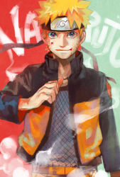 Rule 34 | 1boy, bad id, bad pixiv id, blonde hair, blood, blood from mouth, blood in mouth, blouse, blue eyes, character name, forehead protector, grey shirt, jacket, jersey, looking at viewer, male focus, naruto, naruto (series), open clothes, open jacket, orange pants, pants, pointing, pointing at self, shirt, short hair, smile, smoke, solo, standing, steam, uzumaki naruto