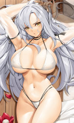 Rule 34 | 1girl, armpits, arms up, azur lane, bikini, bow, breasts, collarbone, cowboy shot, detached sleeves, drake (azur lane), drake (the golden hind&#039;s respite) (azur lane), groin, highres, large breasts, long hair, long sleeves, looking at viewer, lying, messy hair, navel, official alternate costume, on back, parted lips, petals, see-through, see-through sleeves, sidelocks, solo, swimsuit, thighs, tony guisado, very long hair, white bikini, wooden floor