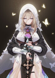 Rule 34 | 1girl, absurdres, aponia (honkai impact), black background, black dress, blonde hair, blue eyes, breasts, bug, butterfly, butterfly wings, chinese commentary, closed mouth, commentary request, cowboy shot, dress, flower, frills, hair between eyes, highres, holding, holding flower, honkai (series), honkai impact 3rd, insect, insect wings, large breasts, light particles, long bangs, long hair, long sleeves, looking at viewer, m78 zaitaoaotezhanshi, mole, mole under eye, nun, pelvic curtain, purple flower, rose, smile, solo, thigh strap, veil, wings