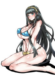 Rule 34 | 1girl, :d, absurdres, aqua eyes, barefoot, bikini, black hair, blue bikini, blunt bangs, blush, bracelet, breasts, cleavage, cleopatra (fate), covered erect nipples, earrings, facial mark, fate/grand order, fate (series), gggg, hairband, highres, jewelry, large breasts, long hair, looking at viewer, navel, open mouth, perky breasts, simple background, sitting, smile, solo, sweatdrop, swimsuit, very long hair, wariza, white background