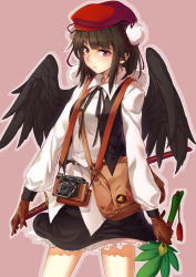 Rule 34 | 1girl, adapted costume, bad id, bad pixiv id, bag, beret, black hair, black ribbon, black skirt, black vest, black wings, blunt bangs, blush, brown gloves, camera, cibo (killy), closed mouth, collared shirt, cowboy shot, expressionless, eyeshadow, gloves, hand fan, handbag, hat, katana, leather, leather gloves, legs apart, long sleeves, makeup, open clothes, open vest, outline, over shoulder, pink background, pom pom (clothes), red eyes, red hat, ribbon, shameimaru aya, sheath, sheathed, shirt, shoot the bullet, short hair, simple background, skirt, solo, sword, tassel, tengu, thighs, touhou, vest, weapon, white shirt, wing collar, wings