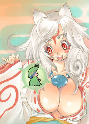 Rule 34 | 1girl, :d, amaterasu (ookami), between breasts, breasts, cleavage, curly hair, huge breasts, issun, japanese clothes, large breasts, long hair, makeup, markings, ookami (game), open mouth, personification, red eyes, silver hair, smile, tsuutenkaaku