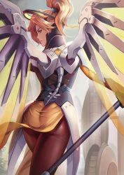 Rule 34 | 1girl, ass, blonde hair, blue eyes, bodysuit, dantewontdie, headgear, highres, holding, holding staff, loincloth, looking back, mechanical wings, mercy (overwatch), overwatch, overwatch 1, pantyhose, parted lips, pelvic curtain, pink lips, ponytail, profile, red pantyhose, short hair, solo, staff, textless version, transparent, walking, wings, yellow wings