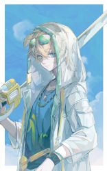 Rule 34 | 1boy, animal ears, aqua eyes, arknights, blonde hair, blue shirt, blue sky, bracelet, closed mouth, crossed bangs, dog boy, dog ears, dog tags, eyewear on head, from side, green-tinted eyewear, hair between eyes, highres, holding, holding weapon, hood, hood up, hooded jacket, jacket, jewelry, long sleeves, looking at viewer, male focus, necklace, open clothes, open jacket, outside border, pocket, shieryue164, shirt, short hair, sky, smile, solo, sunglasses, tequila (arknights), tinted eyewear, upper body, weapon, white jacket, wristband