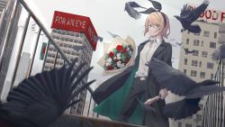 Rule 34 | 1girl, anniversary, belt, bird, black bird, black bow, black jacket, black pants, blonde hair, blood, bloody knife, blue eyes, bouquet, bow, building, city, commentary, crow, flower, formal, frown, hair bow, highres, holding, holding bouquet, holding knife, jacket, kagamine rin, knife, overcast, pants, shirt, sky, skyscraper, solo, standing, suit, vocaloid, white shirt, wounds404