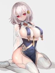 Rule 34 | 1girl, absurdres, arm under breasts, azur lane, braid, breast curtains, breasts, china dress, chinese clothes, cleavage, dress, e nnihql, flower, full body, garter straps, gloves, grey dress, hair between eyes, hair flower, hair ornament, half gloves, highres, huge breasts, large breasts, looking at viewer, official alternate costume, pelvic curtain, red eyes, revealing clothes, ribbon between breasts, see-through, see-through sleeves, side braid, sirius (azur lane), sirius (azure horizons) (azur lane), sitting, skindentation, solo, thighhighs, wariza, white gloves, white hair, white thighhighs