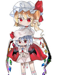 Rule 34 | ascot, bat wings, blonde hair, blue hair, bow, crystal, dress, flandre scarlet, frilled shirt collar, frills, hat, hat ribbon, highres, jewelry, laevatein (touhou), medium hair, mob cap, one side up, pink dress, puffy short sleeves, puffy sleeves, ramochi, red bow, red eyes, red ribbon, red skirt, red vest, remilia scarlet, ribbon, shirt, short hair, short sleeves, siblings, side ponytail, simple background, sisters, size difference, skirt, touhou, vampire, vest, white background, white shirt, wings, wrist cuffs