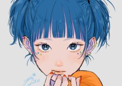 Rule 34 | 1girl, blue eyes, blue hair, blunt bangs, closed mouth, earrings, fingernails, grey background, jewelry, looking at viewer, mouth piercing, nail polish, original, portrait, red nails, simple background, solo, yoshino ganko