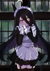 Rule 34 | 1girl, :o, ahoge, alternate costume, animal ears, apron, black dress, black hair, black thighhighs, book-16key, dress, enmaided, garter straps, gloves, hair between eyes, highres, horse ears, horse girl, horse tail, indoors, long hair, long sleeves, looking at viewer, maid, maid apron, maid headdress, manhattan cafe (umamusume), multicolored hair, one eye closed, open mouth, own hands together, solo, tail, thighhighs, two-tone hair, umamusume, white apron, white gloves, white hair, window, yellow eyes