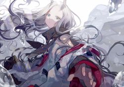 Rule 34 | 1girl, blue eyes, blue scarf, foreshortening, hatutaro, horns, long hair, long sleeves, looking at viewer, off shoulder, outstretched hand, pixiv fantasia, pixiv fantasia last saga, scarf, solo, upper body, very long hair, water drop, white background, white hair, yellow eyes