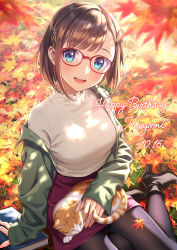 Rule 34 | 1girl, animal, asymmetrical bangs, autumn, autumn leaves, black pantyhose, blue eyes, blunt bangs, blush, book, breasts, brown hair, cat, commentary request, dappled sunlight, dated, english text, glasses, green jacket, hair ornament, hairclip, happy birthday, highres, jacket, leaf, long sleeves, looking at viewer, maple leaf, medium breasts, morikura en, open mouth, original, pantyhose, red-framed eyewear, short hair, smile, solo, sunlight, sweater, thighs, white sweater