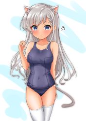 Rule 34 | 1girl, :t, puff of air, animal ear fluff, animal ears, bad id, bad pixiv id, bare arms, bare shoulders, blue background, blue eyes, blue one-piece swimsuit, blush, braid, braided bangs, breasts, cat ears, cat girl, cat tail, closed mouth, collarbone, commentary request, covered navel, earrings, grey hair, hand up, highres, hisakawa hayate, idolmaster, idolmaster cinderella girls, idolmaster cinderella girls starlight stage, jewelry, kemonomimi mode, long hair, looking at viewer, medium breasts, mitsumine raimu, old school swimsuit, one-piece swimsuit, pout, school swimsuit, solo, swimsuit, tail, tan, tanline, thighhighs, two-tone background, very long hair, white background, white thighhighs