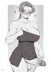 Rule 34 | 1girl, absurdres, bare shoulders, blush, breasts, cleavage, creatures (company), delia ketchum, erection, futanari, game freak, highres, large breasts, large penis, looking at viewer, mature female, monochrome, muscular, muscular female, naked towel, nervous, nintendo, nose blush, penis, pokemon, pokemon (anime), pokemon (classic anime), sideways glance, smile, solo, speedl00ver, testicles, towel, towel tug, uncensored, veins, veiny penis