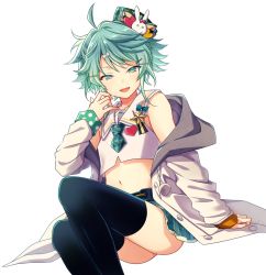 Rule 34 | 1boy, :d, ahoge, arm support, bare shoulders, belt, collarbone, commentary request, green eyes, green hair, green necktie, hair ornament, hairclip, half-closed eyes, hand up, hat, heart, holostars, jacket, kagami kira, long sleeves, looking at viewer, male focus, midriff, navel, necktie, nyokkiiiiin, one side up, open mouth, pleated skirt, short hair, sitting, skirt, smile, solo, thighhighs, thighs, transparent background, trap, upper body, virtual youtuber