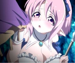 Rule 34 | 1girl, bow, breasts, brooch, bustier, cleavage, elf, hair bow, jewelry, large breasts, pink eyes, pink hair, pointy ears, revealing clothes, rune&#039;s pharmacy, rune (rune&#039;s pharmacy), screencap, stitched, third-party edit