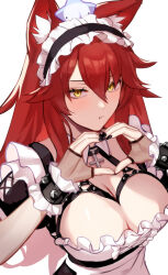 Rule 34 | 1girl, animal ear fluff, animal ears, apron, black nails, breasts, closed mouth, cross, cross necklace, fingerless gloves, fox ears, frown, gloves, hair between eyes, hashtag-only commentary, highres, jewelry, large breasts, long hair, looking at viewer, maid, maid apron, maid headdress, necklace, pout, simple background, upper body, virtual youtuber, vshojo, white background, yellow eyes, zen8ze, zentreya