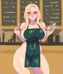 Rule 34 | 1girl, apron, blonde hair, blue triangles, breasts, cleavage, huge breasts, iced latte with breast milk (meme), large areolae, large breasts, long hair, meme, nail polish, naked apron, naruto, naruto (series), naruto shippuuden, smile, tsunade (naruto)