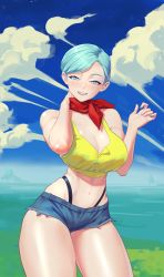 Rule 34 | 1girl, :d, aqua hair, arm behind head, artist name, bare shoulders, black panties, blue eyes, breasts, bulma, cleavage, cloud, commentary, cowboy shot, curvy, cutoffs, denim, dragon ball, dragon ball super, earrings, english commentary, gabriel carrasquillo, hand up, highleg, highleg panties, highres, jewelry, large breasts, looking at viewer, midriff, nail polish, navel, open mouth, panties, purple nails, red scarf, scarf, shiny skin, short hair, short shorts, shorts, skindentation, sky, smile, solo, swept bangs, teeth, thick thighs, thighs, underwear, wide hips, yellow crop top