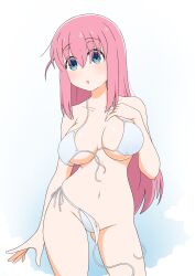 Rule 34 | 1girl, absurdres, bikini, blue eyes, blush, bocchi the rock!, breasts, collarbone, cowboy shot, cube hair ornament, front-tie bikini top, front-tie top, gotoh hitori, hair ornament, hair over eyes, highres, large breasts, long hair, navel, one side up, pink hair, side-tie bikini bottom, simple background, solo, standing, swimsuit, usazirou539, wardrobe malfunction, white background, white bikini